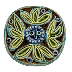 Vintage AVRAHAM & PNINA GOFER Israel Judaica Glazed Ceramic Floral Brooch Pin